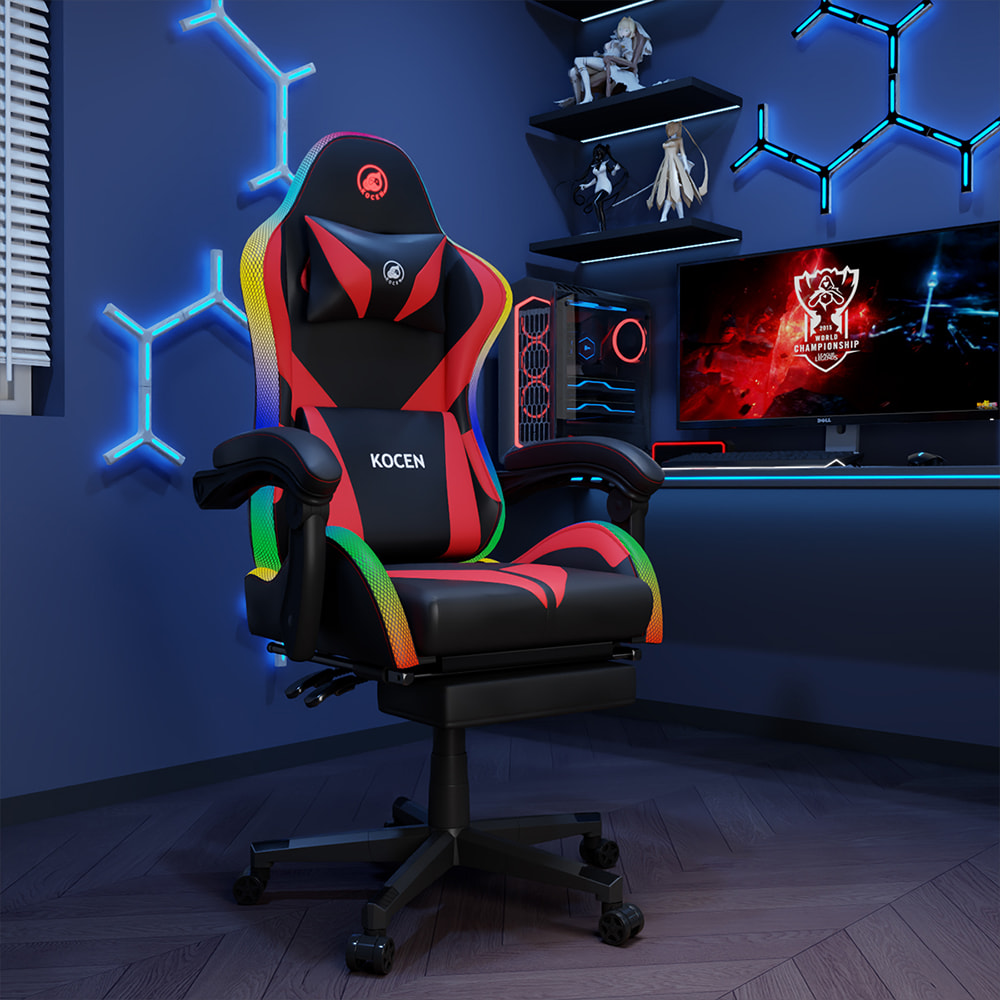 Spillestol i PU-læderstof, Esportsstol med justerbare RGB-lys i flere farver, USB-drevet, fjernbetjening