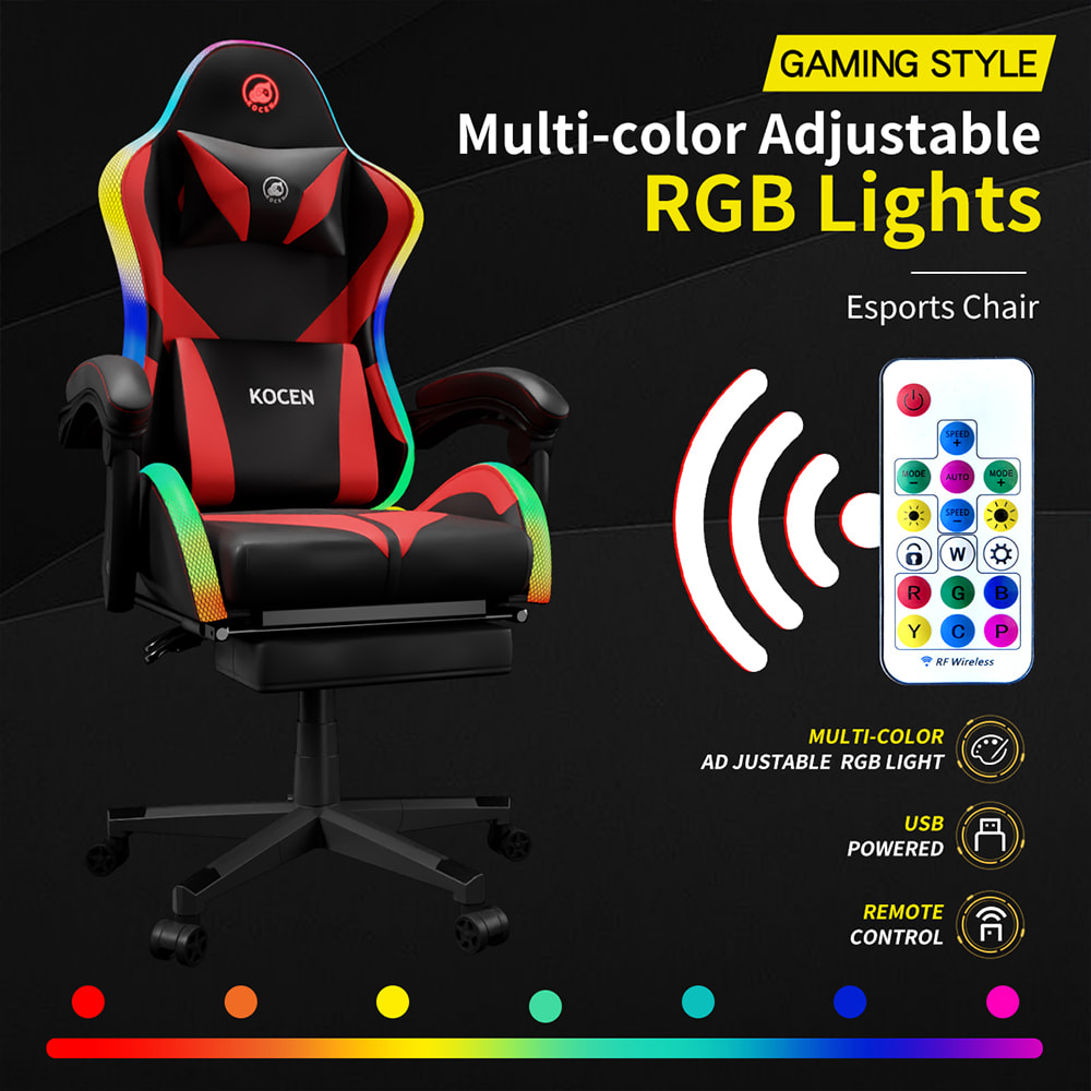 Spillestol i PU-læderstof, Esportsstol med justerbare RGB-lys i flere farver, USB-drevet, fjernbetjening Spillestol i PU-læderstof, Esportsstol med justerbare RGB-lys i flere farver, USB-drevet, fjernbetjening