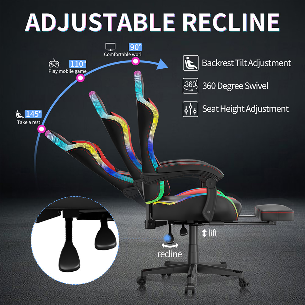 Spillestol i PU-læderstof, Esportsstol med justerbare RGB-lys i flere farver, USB-drevet, fjernbetjening Spillestol i PU-læderstof, Esportsstol med justerbare RGB-lys i flere farver, USB-drevet, fjernbetjening