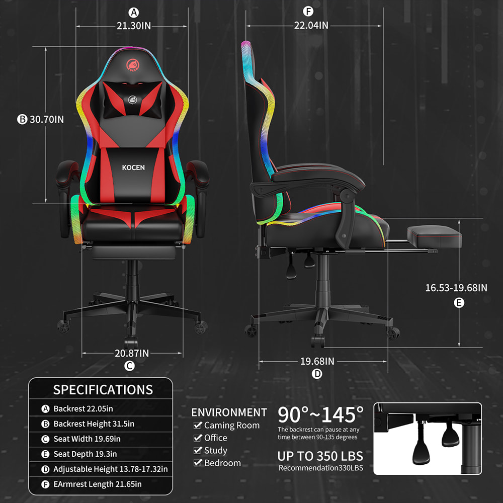 Spillestol i PU-læderstof, Esportsstol med justerbare RGB-lys i flere farver, USB-drevet, fjernbetjening Spillestol i PU-læderstof, Esportsstol med justerbare RGB-lys i flere farver, USB-drevet, fjernbetjening