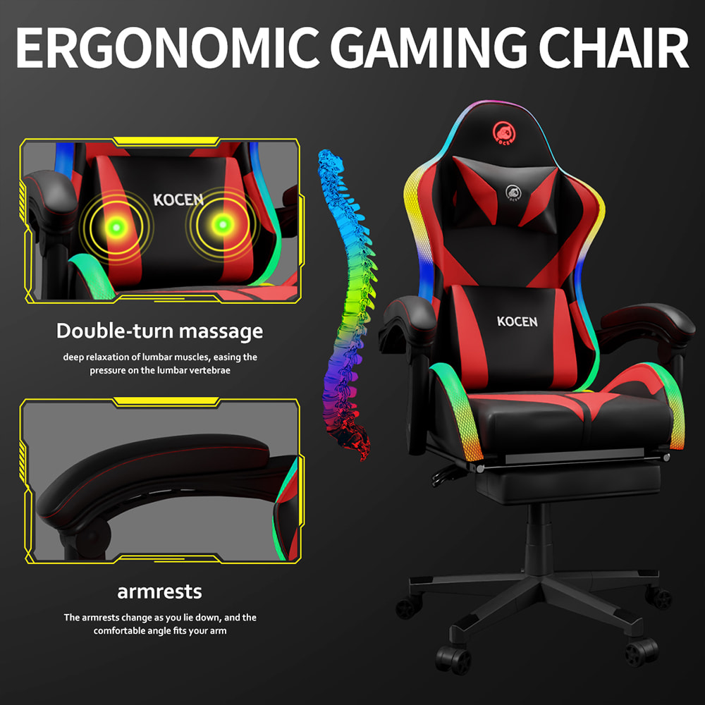 Spillestol i PU-læderstof, Esportsstol med justerbare RGB-lys i flere farver, USB-drevet, fjernbetjening Spillestol i PU-læderstof, Esportsstol med justerbare RGB-lys i flere farver, USB-drevet, fjernbetjening